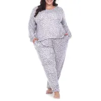 White Mark Womens Plus Round Neck Long Sleeve 2-pc. Pant Pajama Set