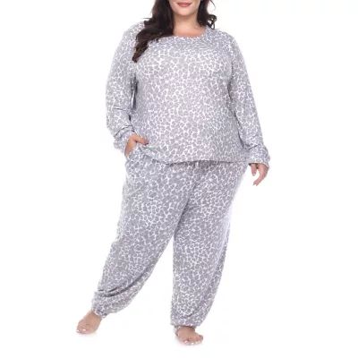 White Mark Womens Plus Round Neck Long Sleeve 2-pc. Pant Pajama Set