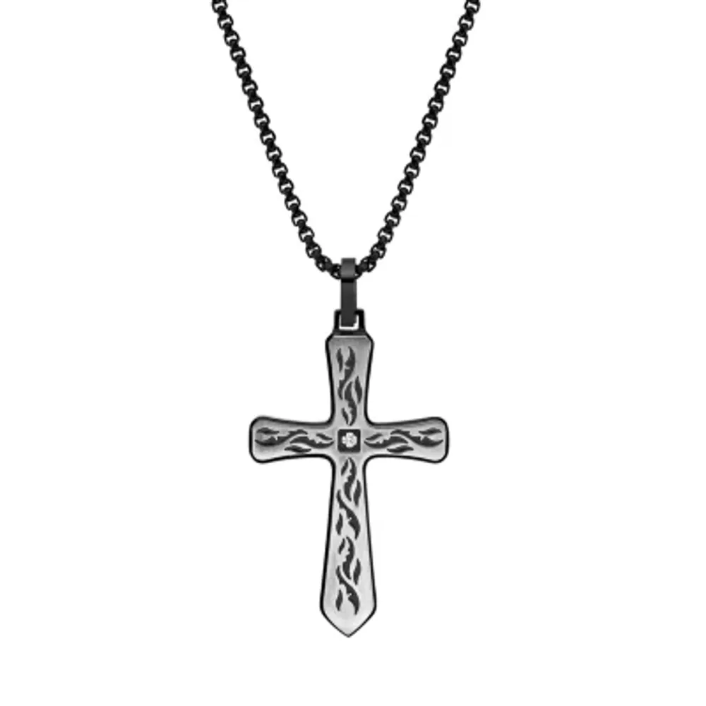 Mens White Cubic Zirconia Sterling Silver Cross Pendant Necklace