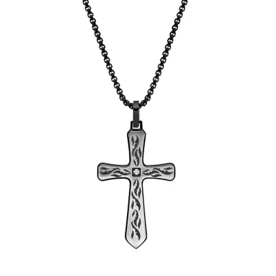 Mens White Cubic Zirconia Sterling Silver Cross Pendant Necklace