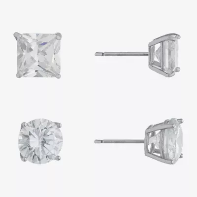 Silver Treasures 2 Pair Cubic Zirconia Round Square Earring Set