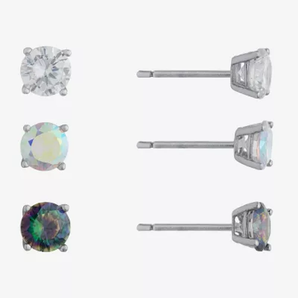 Silver Treasures 3 Pair Cubic Zirconia Round Earring Set