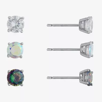Silver Treasures 3 Pair Cubic Zirconia Round Earring Set