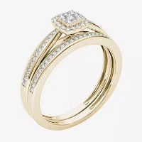 Womens 1/4 CT. T.W. Natural White Diamond 10K Gold Cushion Side Stone Halo Bridal Set