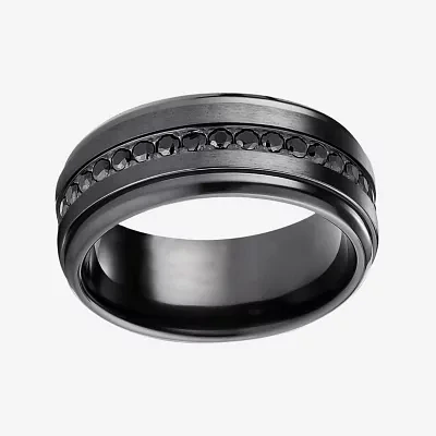 Mens Comfort Fit 9mm Black Titanium and Cubic Zirconia Wedding Band