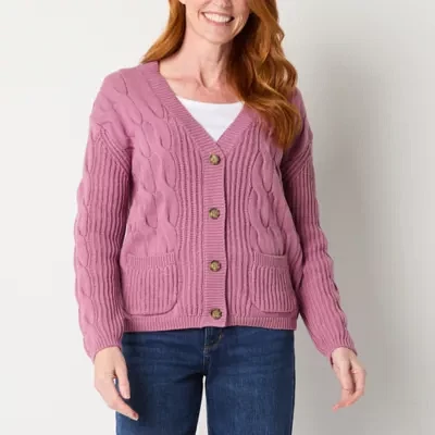 St. John's Bay Womens V Neck Long Sleeve Button Cardigan