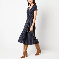 Robbie Bee Womens Short Sleeve Striped Fit + Flare Dress