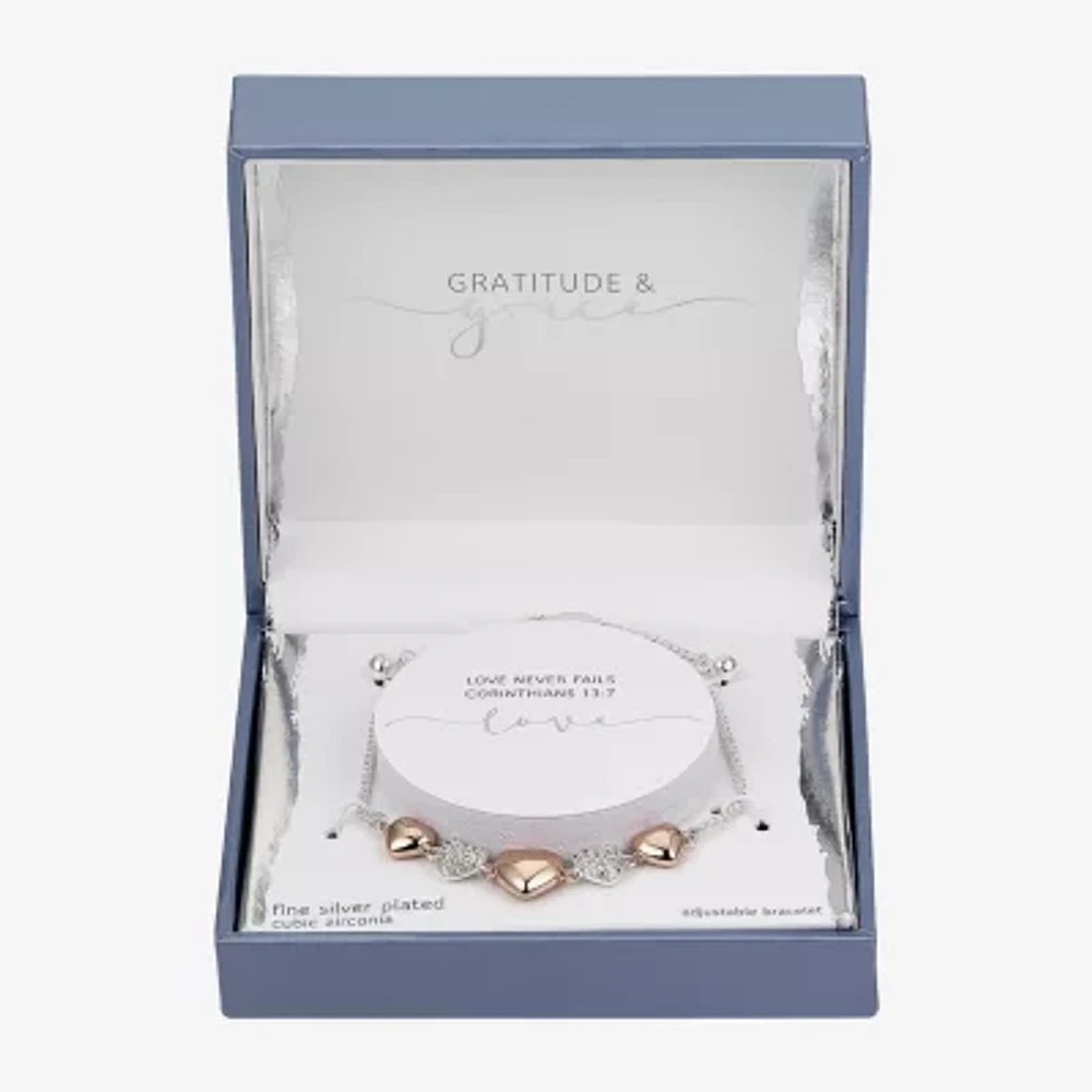 Gratitude & Grace Love Cubic Zirconia 14k Rose Gold Over Brass Box Heart Bolo Bracelet