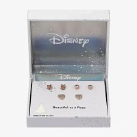 Disney Classics Cubic Zirconia 14k Rose Gold Over Brass Pure Silver Over Brass Flower Heart Beauty and the Beast 3 Pair Earring Set