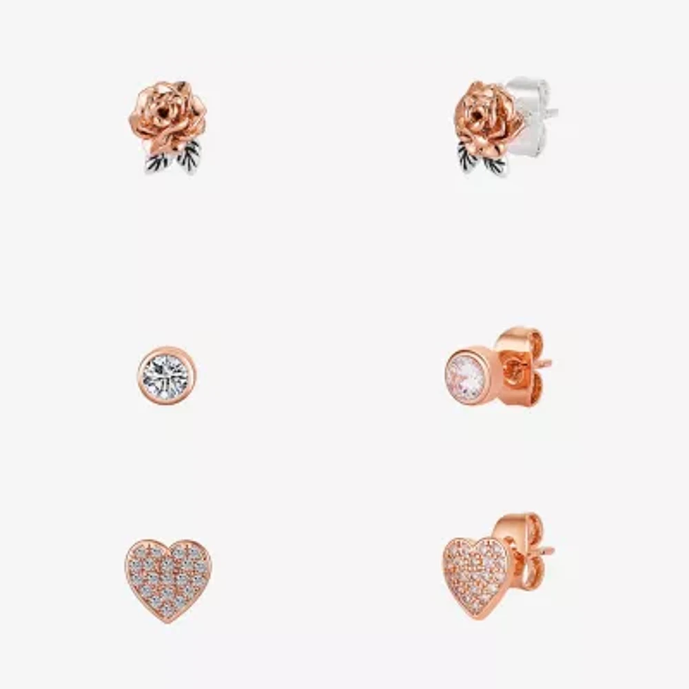Disney Classics Cubic Zirconia 14k Rose Gold Over Brass Pure Silver Over Brass Flower Heart Beauty and the Beast 3 Pair Earring Set