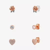 Disney Classics Cubic Zirconia 14k Rose Gold Over Brass Pure Silver Over Brass Flower Heart Beauty and the Beast 3 Pair Earring Set