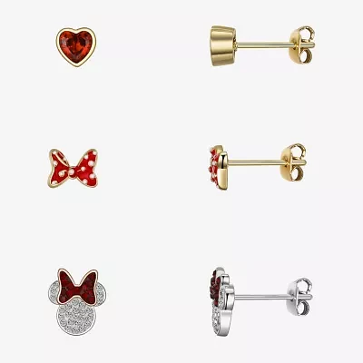 Disney Classics Red Cubic Zirconia Gold Tone 14K Gold Over Brass Bow Minnie Mouse 3 Pair Earring Set