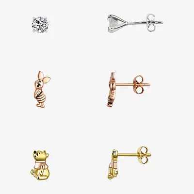 Disney Classics Womens Cubic Zirconia 14K Gold Over Brass 14k Rose Gold Over Brass Piglet Winnie The Pooh 3 Pair Earring Set