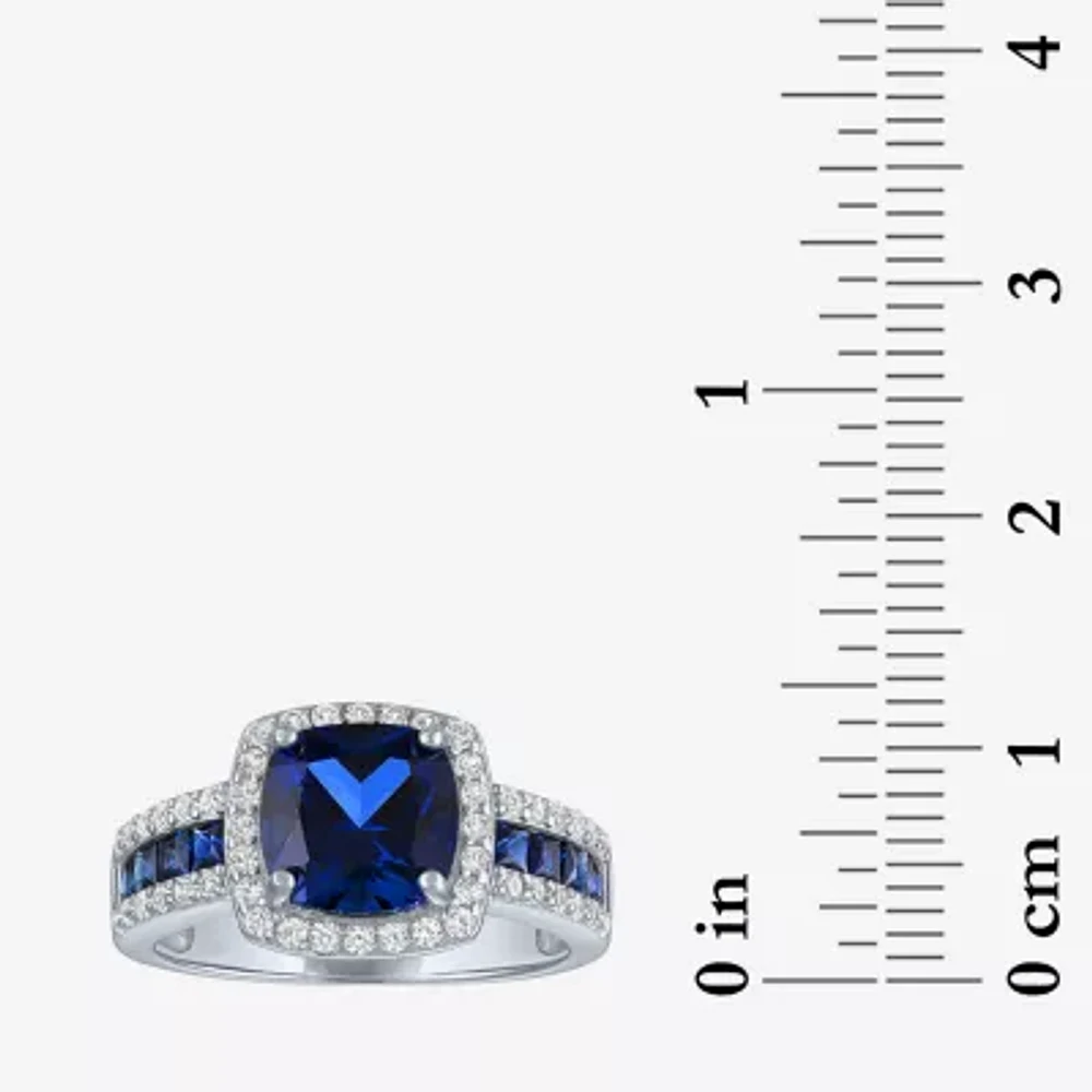 Womens Lab Created Blue Sapphire Sterling Silver Halo Side Stone Cocktail Ring