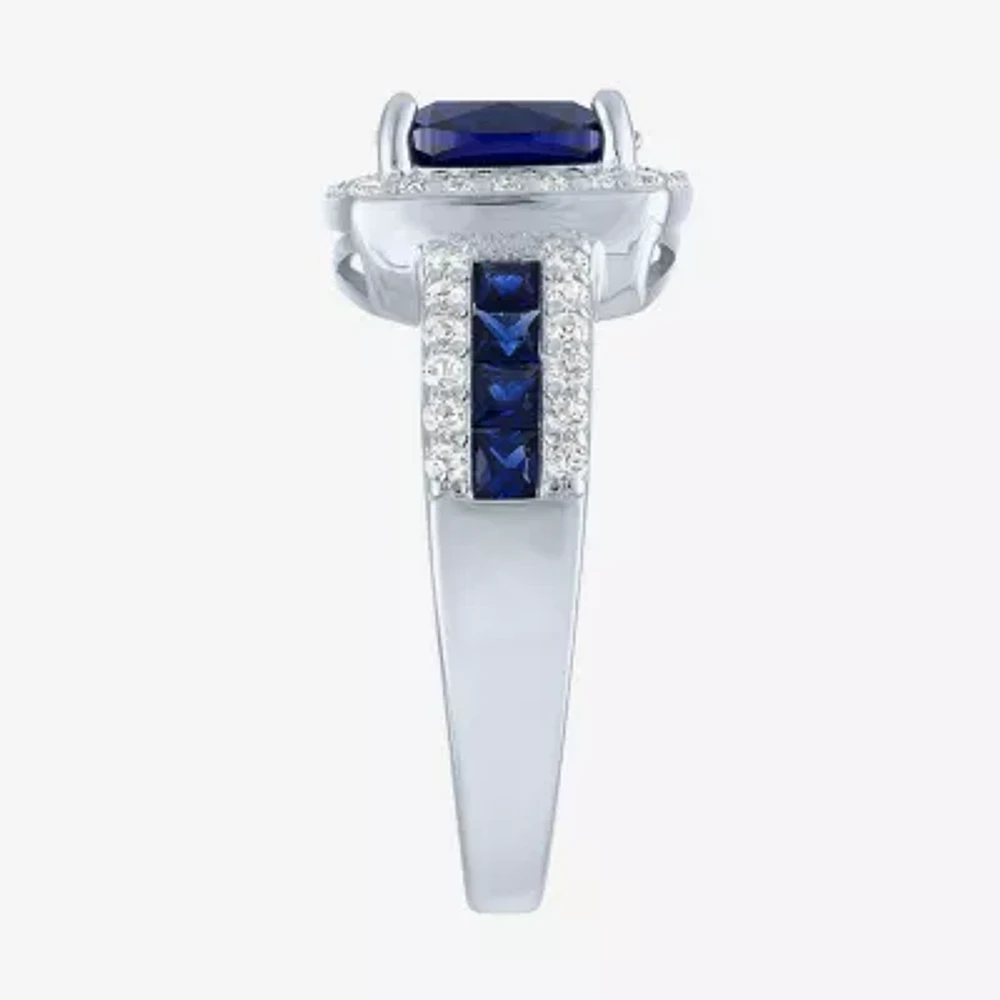 Womens Lab Created Blue Sapphire Sterling Silver Halo Side Stone Cocktail Ring