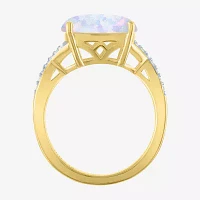 Womens Lab Created White Opal 14K Gold Over Silver Crossover Side Stone Cocktail Ring