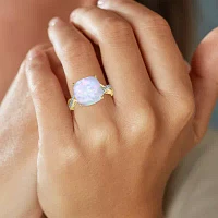 Womens Lab Created White Opal 14K Gold Over Silver Crossover Side Stone Cocktail Ring