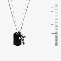 Mens Simulated Black Onyx Stainless Steel Cross Pendant Necklace