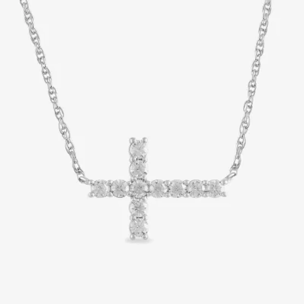 Sideways Womens 1/4 CT. T.W. Lab Grown White Diamond Sterling Silver Cross Pendant Necklace