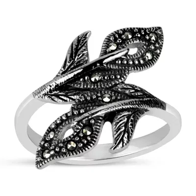 Womens Genuine Black Marcasite Sterling Silver Bypass  Cocktail Ring