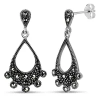 Genuine Black Marcasite Sterling Silver Curved Drop Earrings