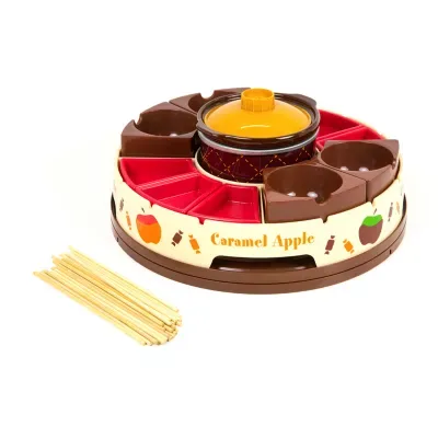 Nostalgia Lazy Susan Chocolate & Caramel Apple Party with Heated Fondue Pot, 25 Sticks, Decorating and Toppings Trays