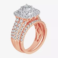 Womens 2 CT. T.W. Natural White Diamond 10K Rose Gold Cushion Halo Bridal Set