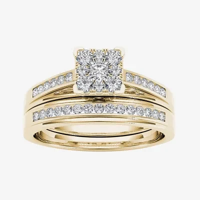 1/2 CT.T.W. Natural Diamond Square 10K Yellow Gold Bridal Ring Set