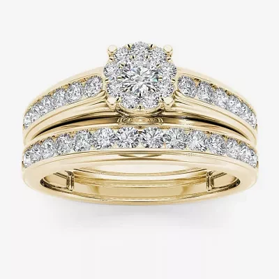 Womens 1 CT. T.W. Natural White Diamond 10K Gold Round Side Stone Bridal Set