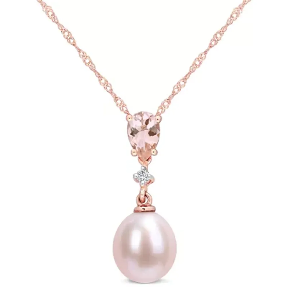 Womens Diamond Accent Dyed Pink Cultured Freshwater Pearl 10K Rose Gold Pendant Necklaces