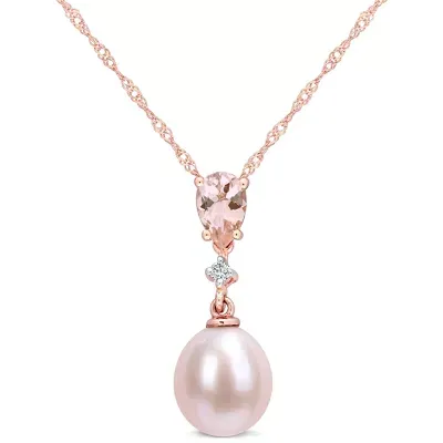 Womens Diamond Accent Dyed Pink Cultured Freshwater Pearl 10K Rose Gold Pendant Necklaces