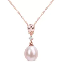 Womens Diamond Accent Dyed Pink Cultured Freshwater Pearl 10K Rose Gold Pendant Necklace