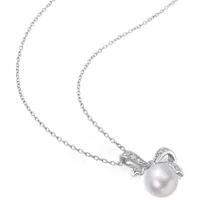 Womens Diamond Accent White Cultured Freshwater Pearl Sterling Silver Bow Pendant Necklace