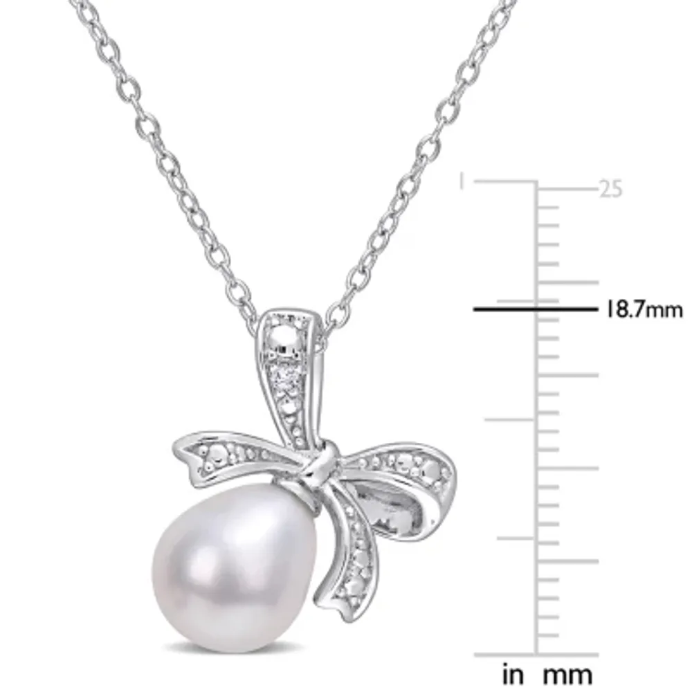 Womens Diamond Accent White Cultured Freshwater Pearl Sterling Silver Bow Pendant Necklace