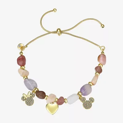 Disney Classics Womens Pink Quartz 14K Gold Over Brass Heart Mickey Mouse Minnie Mouse Bolo Bracelet
