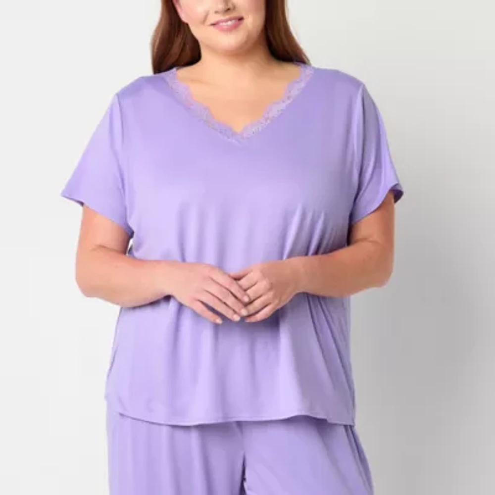 Ambrielle Womens Plus Short Sleeve V Neck Pajama Top