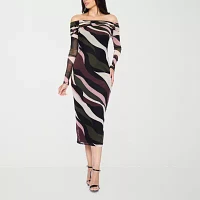 Premier Amour Womens Long Sleeve Scroll Midi Sheath Dress