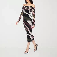 Premier Amour Womens Long Sleeve Scroll Midi Sheath Dress