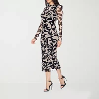 Premier Amour Womens Long Sleeve Floral Midi Sheath Dress