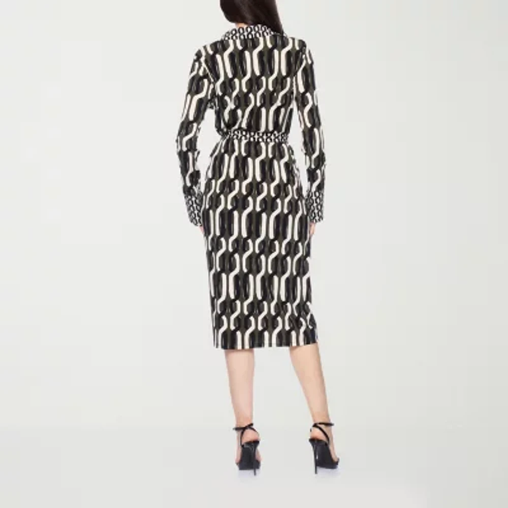 Premier Amour Womens Long Sleeve Scroll Midi Fit + Flare Dress