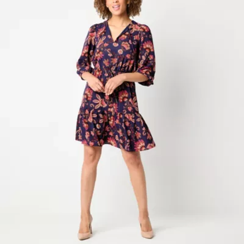 Willow Glenn Womens 3/4 Sleeve Floral Fit + Flare Dress