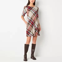 R & K Originals Womens Short Sleeve Plaid Shift Dress