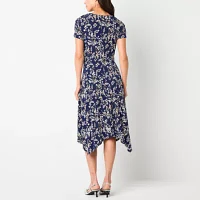 Perceptions Womens Short Sleeve Floral Midi Fit + Flare Dress