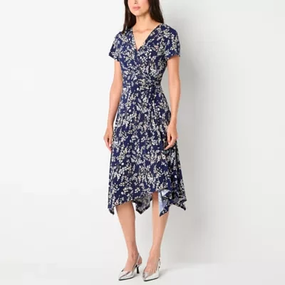 Perceptions Womens Short Sleeve Floral Midi Fit + Flare Dress