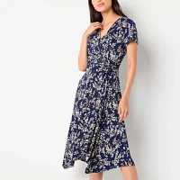 Perceptions Womens Short Sleeve Floral Midi Fit + Flare Dress