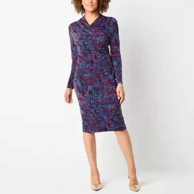 Connected Apparel Womens Long Sleeve Scroll Midi Sheath Dress