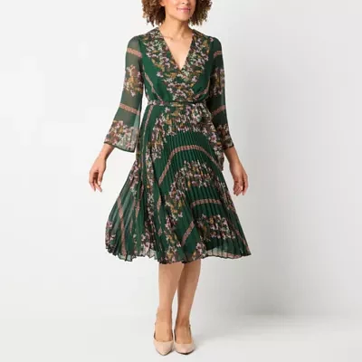 Danny & Nicole Womens 3/4 Sleeve Floral Midi Fit + Flare Dress Petite