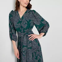 Ryegrass Womens 3/4 Sleeve Floral Midi A-Line Dress