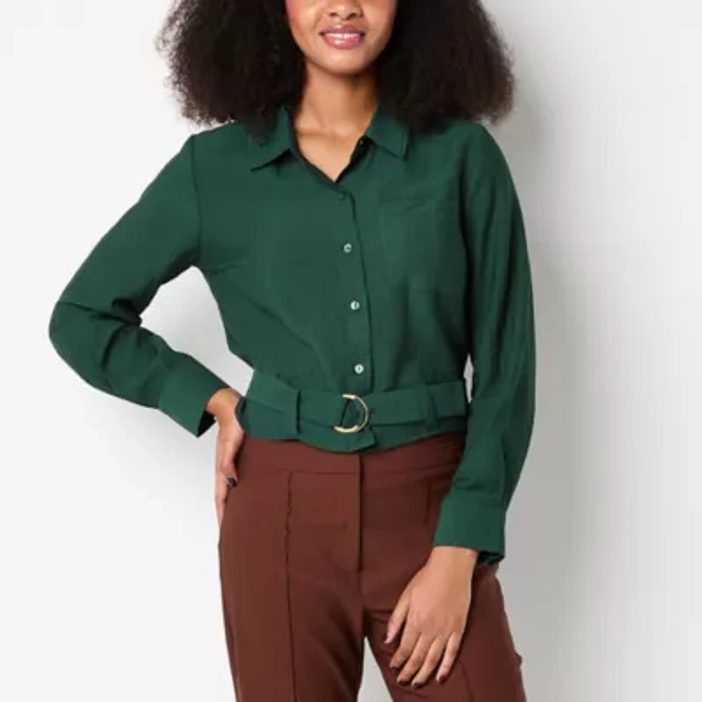 by&by Juniors Womens Long Sleeve Boxy Fit Button-Down Shirt