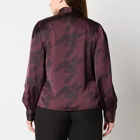 Worthington Womens Henley Neck Long Sleeve Satin Blouse